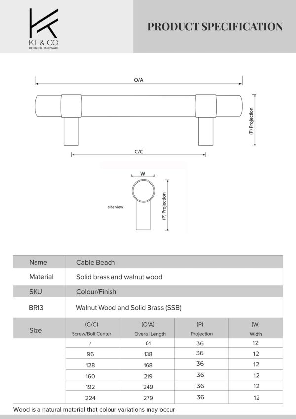 kitchen drawer handles walnut wood solid brass Cable Beach - Image 2